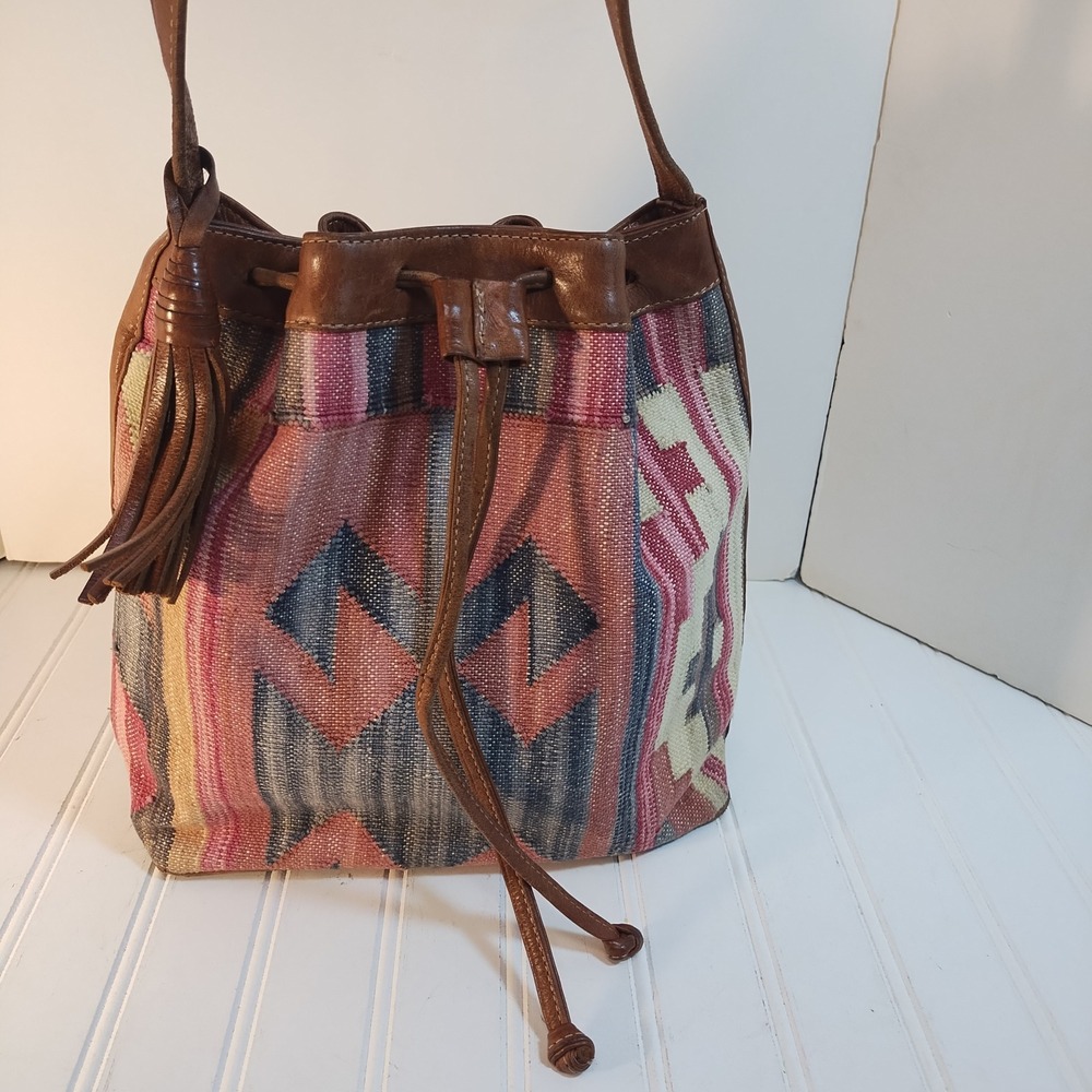 VTG Kilim Tapestry Bucket Bag Leather Drawstring SouthWestern Crossbody Boho
